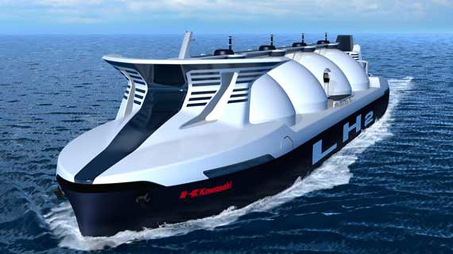 An illustration of a Kawasaki Heavy Industries hydrogen transport ship
