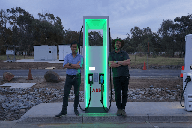 Chargefox's Tim Washington and Evan Beaver standing at a charging station