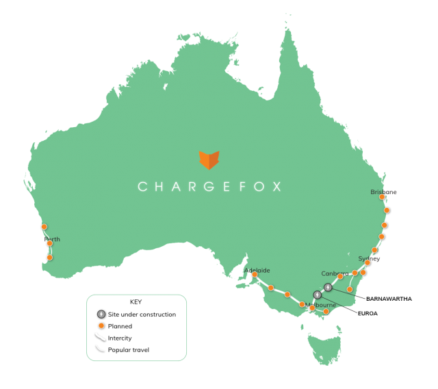 Map of Australia detailing the Chargefox charging sites