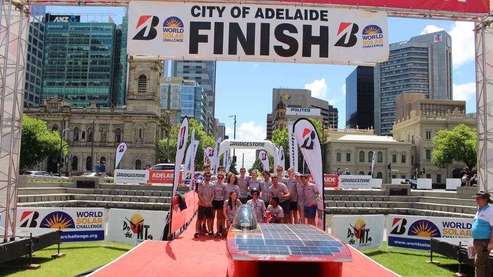 ANU students with the MTAA Super Charge 2 at the 2019 finish line in Adelaide. Image: Australian National University