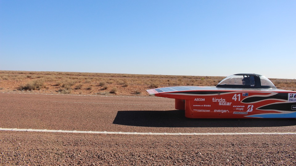 The MTAA Super Charge solar car 2 on course. Image: Australian National University