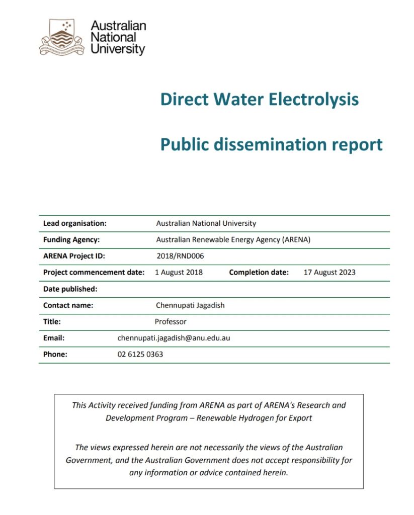 ANU - Direct Water Electrolysis - Public dissemination report - Cover