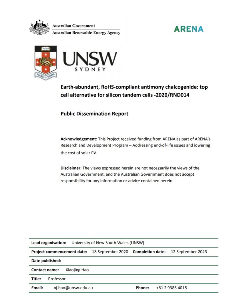 UNSW - Earth-abundant, RoHS-compliant antimony chalcogenide - Public Dissemination Report - Cover