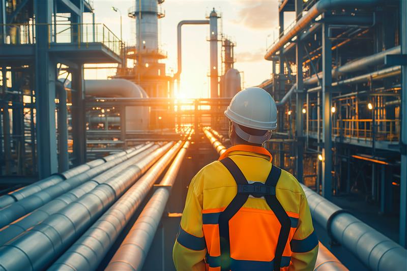 Man in high vis and hard hat walks through industrial scene, passing large pipes and platforms.